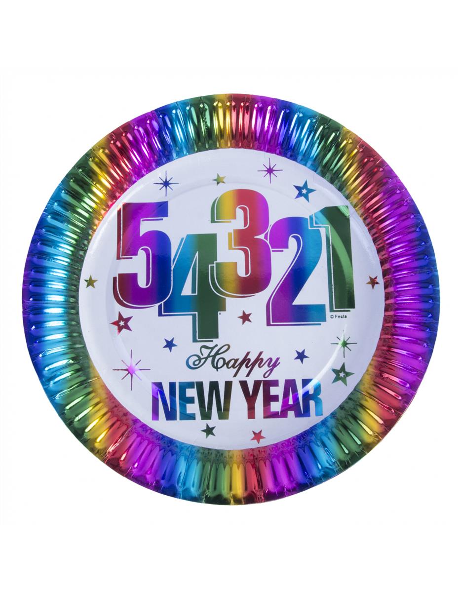 6x Papierteller Rainbow Happy New Year 23cm