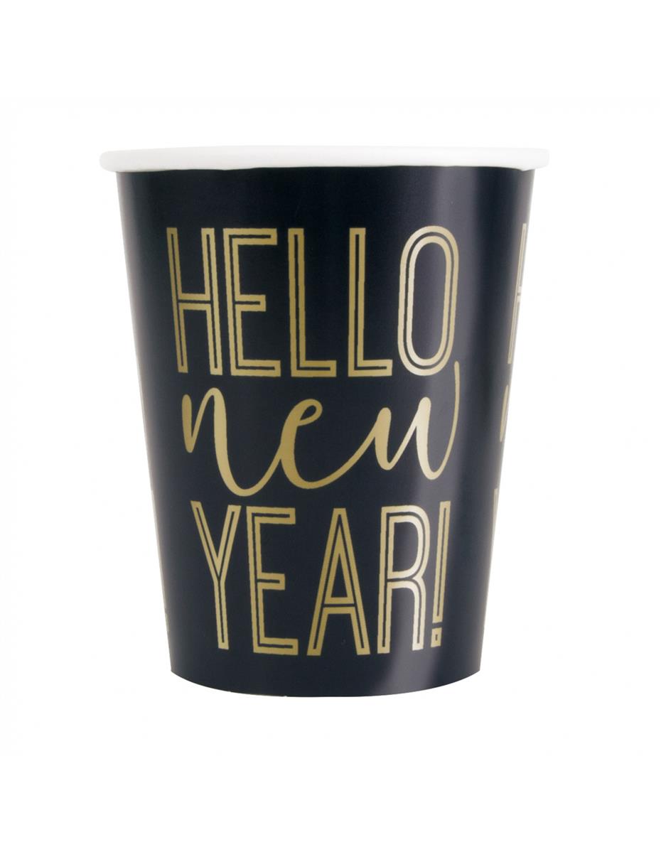 8x Papierbecher schwarz Hello new Year gold 270ml
