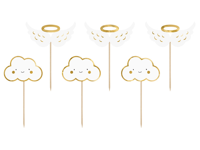 6x Cake Topper weiß gold Wolke Flügel