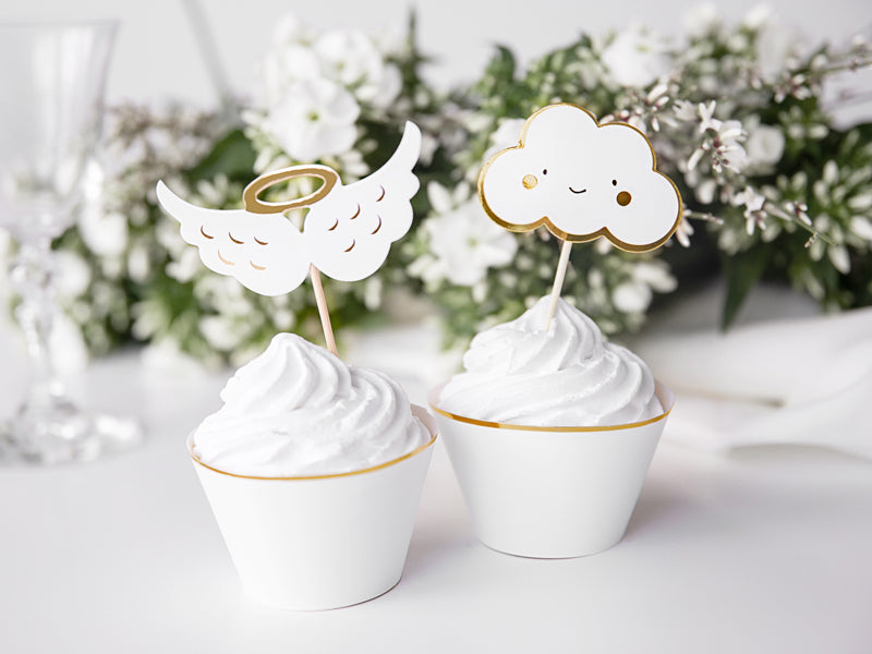 6x Cake Topper weiß gold Wolke Flügel