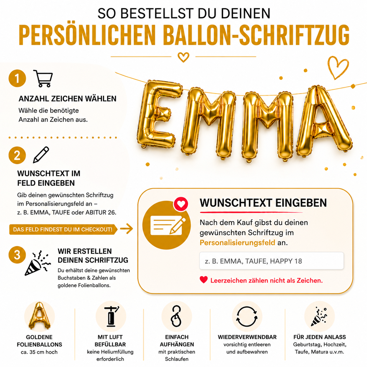 Party Austria Buchstabenballons Gold 35 cm – Wunschtext personalisierbar – Folienballons für Geburtstag, Hochzeit, Taufe & Firmung