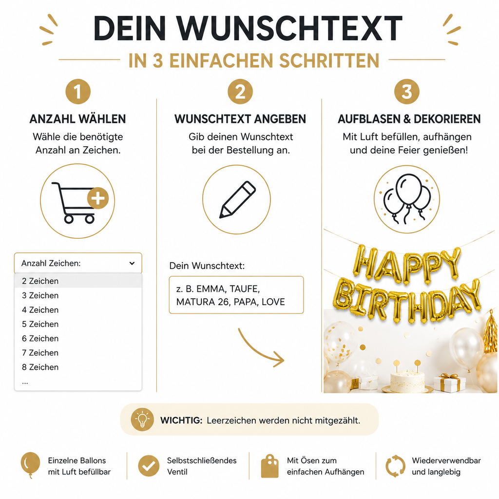Party Austria Buchstabenballons Gold 35 cm – Wunschtext personalisierbar – Folienballons für Geburtstag, Hochzeit, Taufe & Firmung