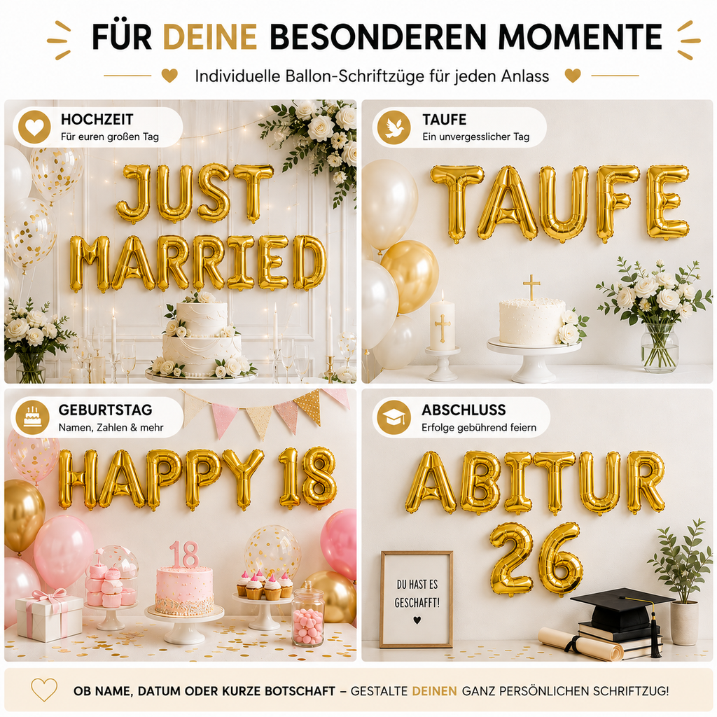 Party Austria Buchstabenballons Gold 35 cm – Wunschtext personalisierbar – Folienballons für Geburtstag, Hochzeit, Taufe & Firmung
