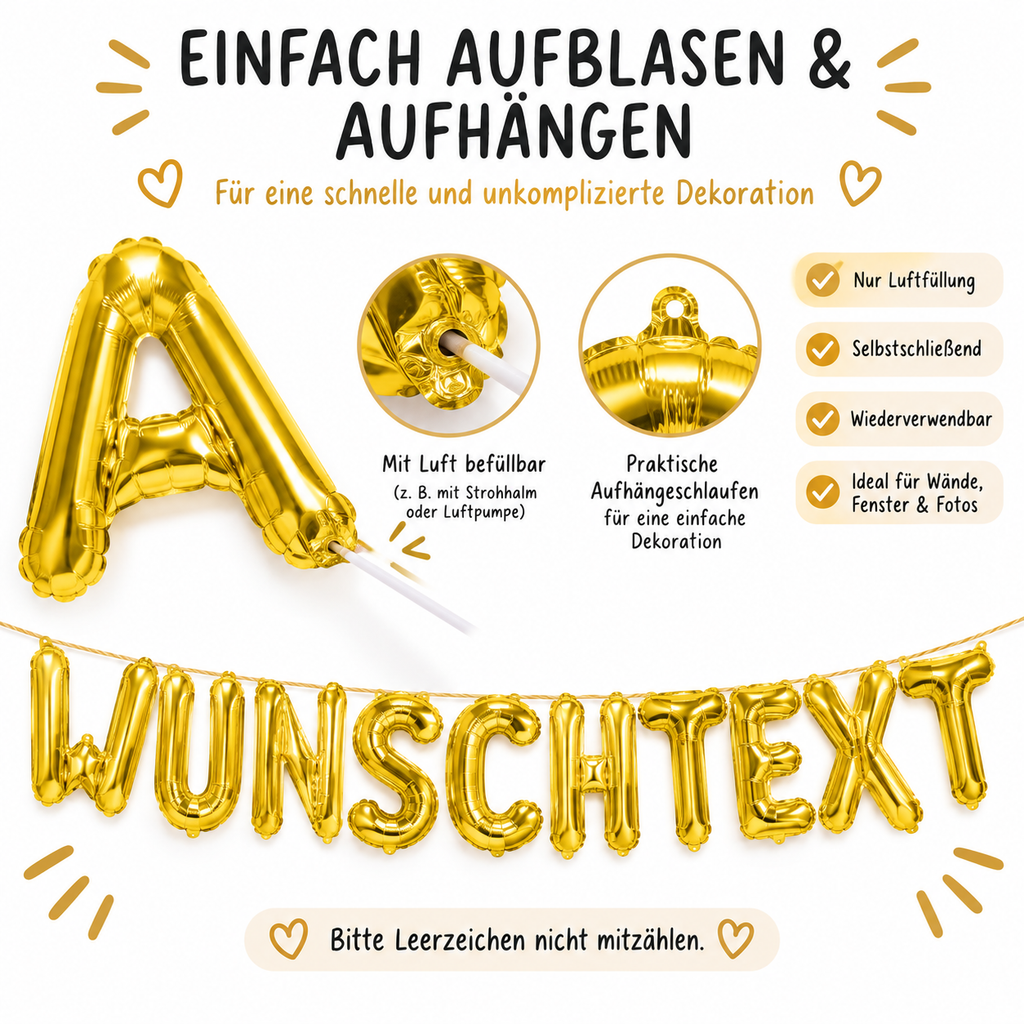 Party Austria Buchstabenballons Gold 35 cm – Wunschtext personalisierbar – Folienballons für Geburtstag, Hochzeit, Taufe & Firmung
