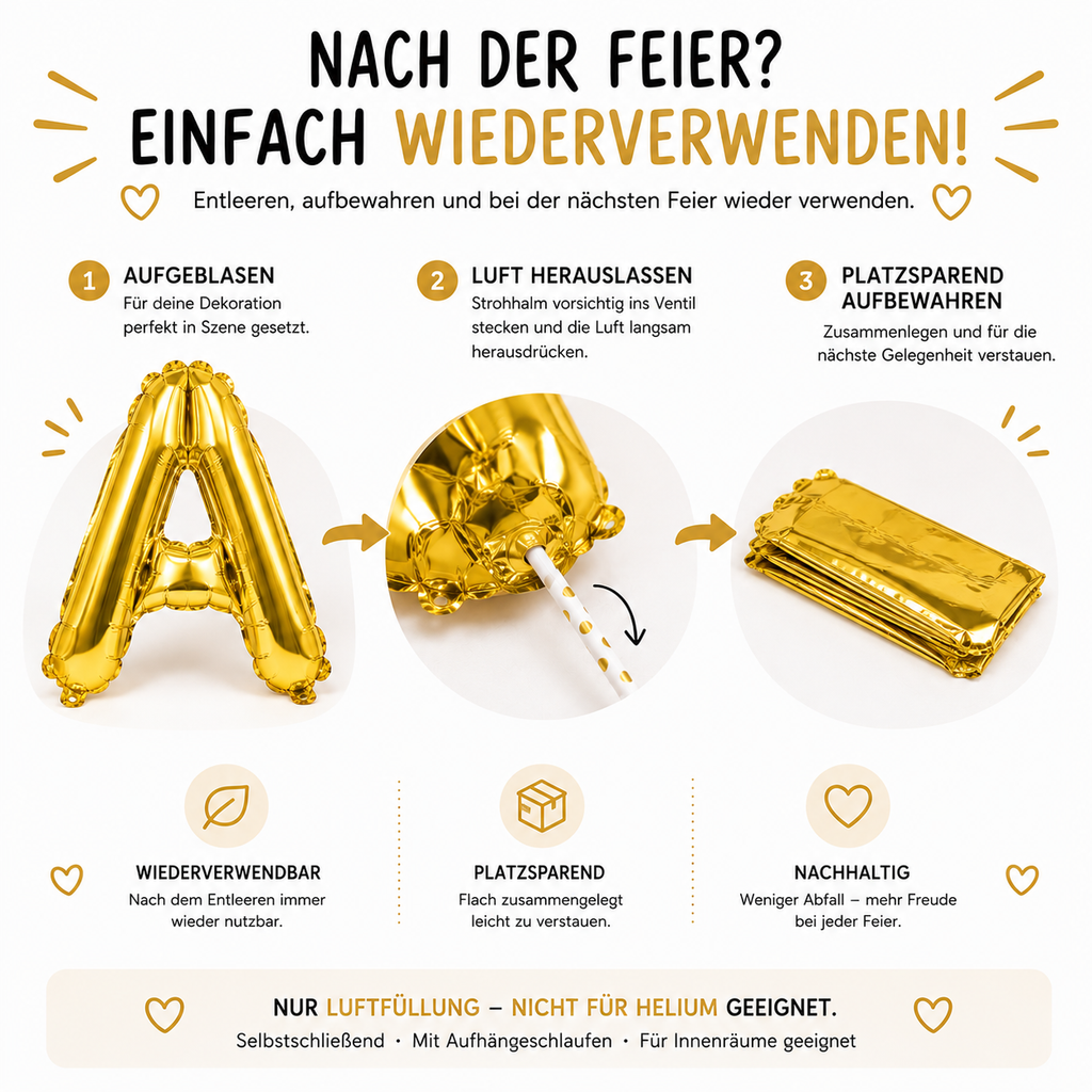 Party Austria Buchstabenballons Gold 35 cm – Wunschtext personalisierbar – Folienballons für Geburtstag, Hochzeit, Taufe & Firmung