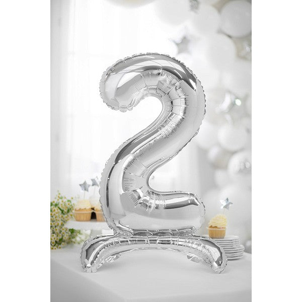 Folienballon Zahl 2 silber mit Standfuß 70cm