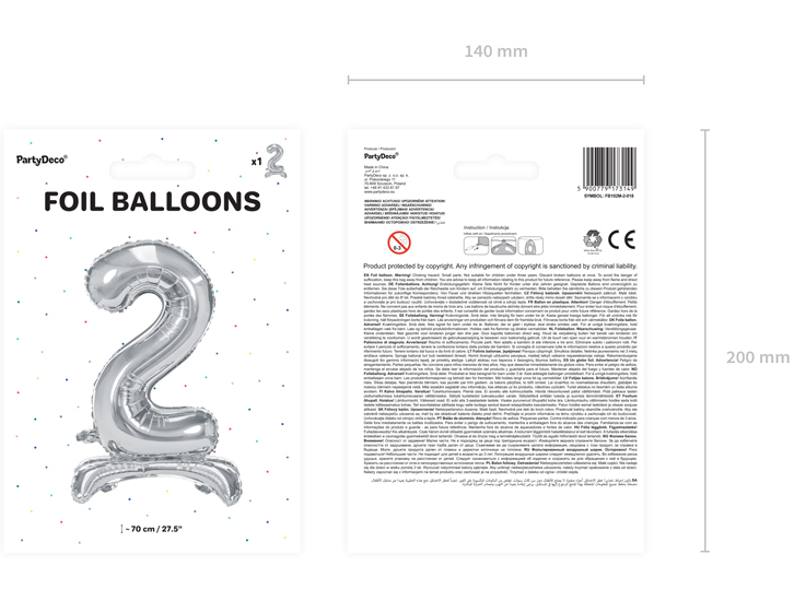 Folienballon Zahl 2 silber mit Standfuß 70cm