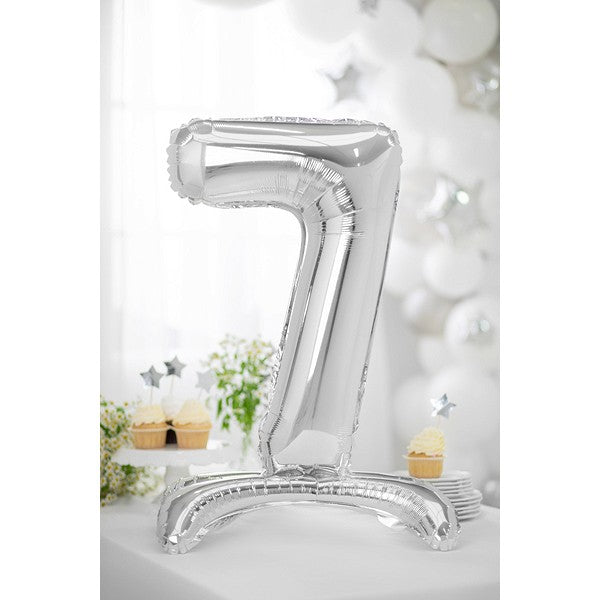 Folienballon Zahl 7 silber mit Standfuß 70cm