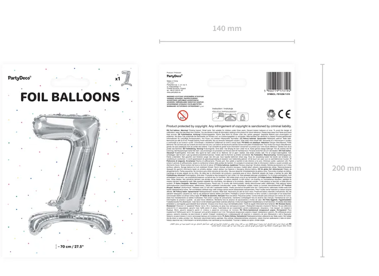 Folienballon Zahl 7 silber mit Standfuß 70cm
