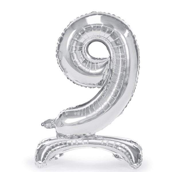 Folienballon Zahl 9 silber mit Standfuß 70cm