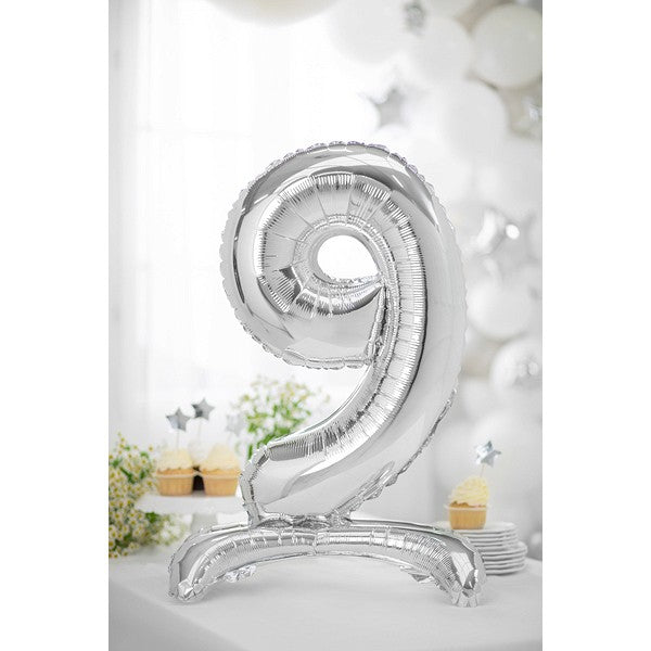 Folienballon Zahl 9 silber mit Standfuß 70cm