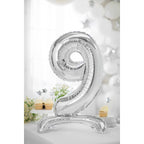 Folienballon Zahl 9 silber mit Standfuß 70cm