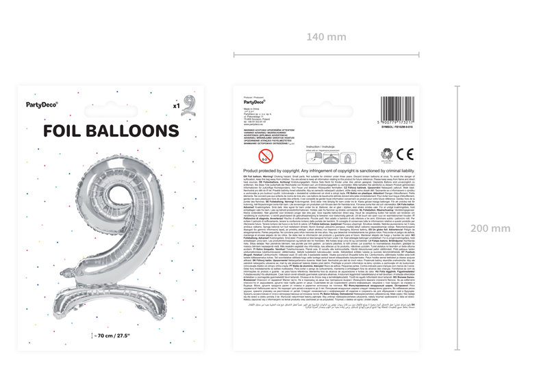 Folienballon Zahl 9 silber mit Standfuß 70cm