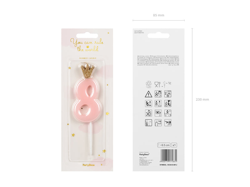 Kerze Zahl Nr. 8 mit Krone rosa 9,5cm