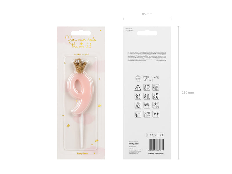 Kerze Zahl Nr. 9 mit Krone rosa 9,5cm