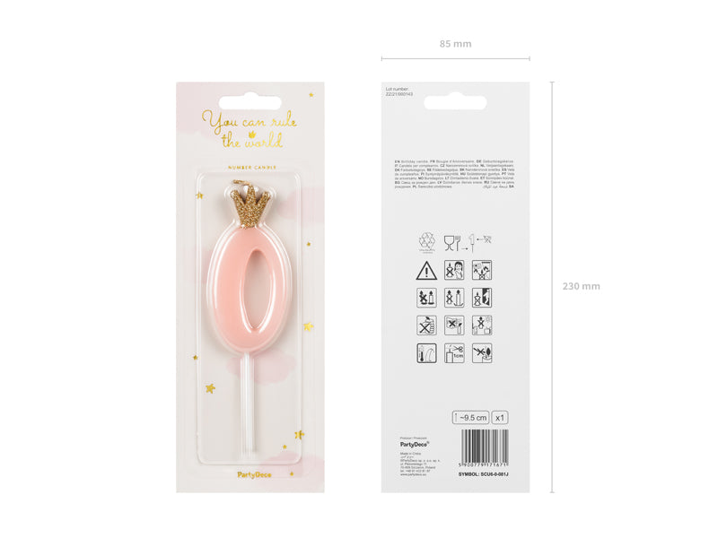 Kerze Zahl Nr. 0 mit Krone rosa 9,5cm