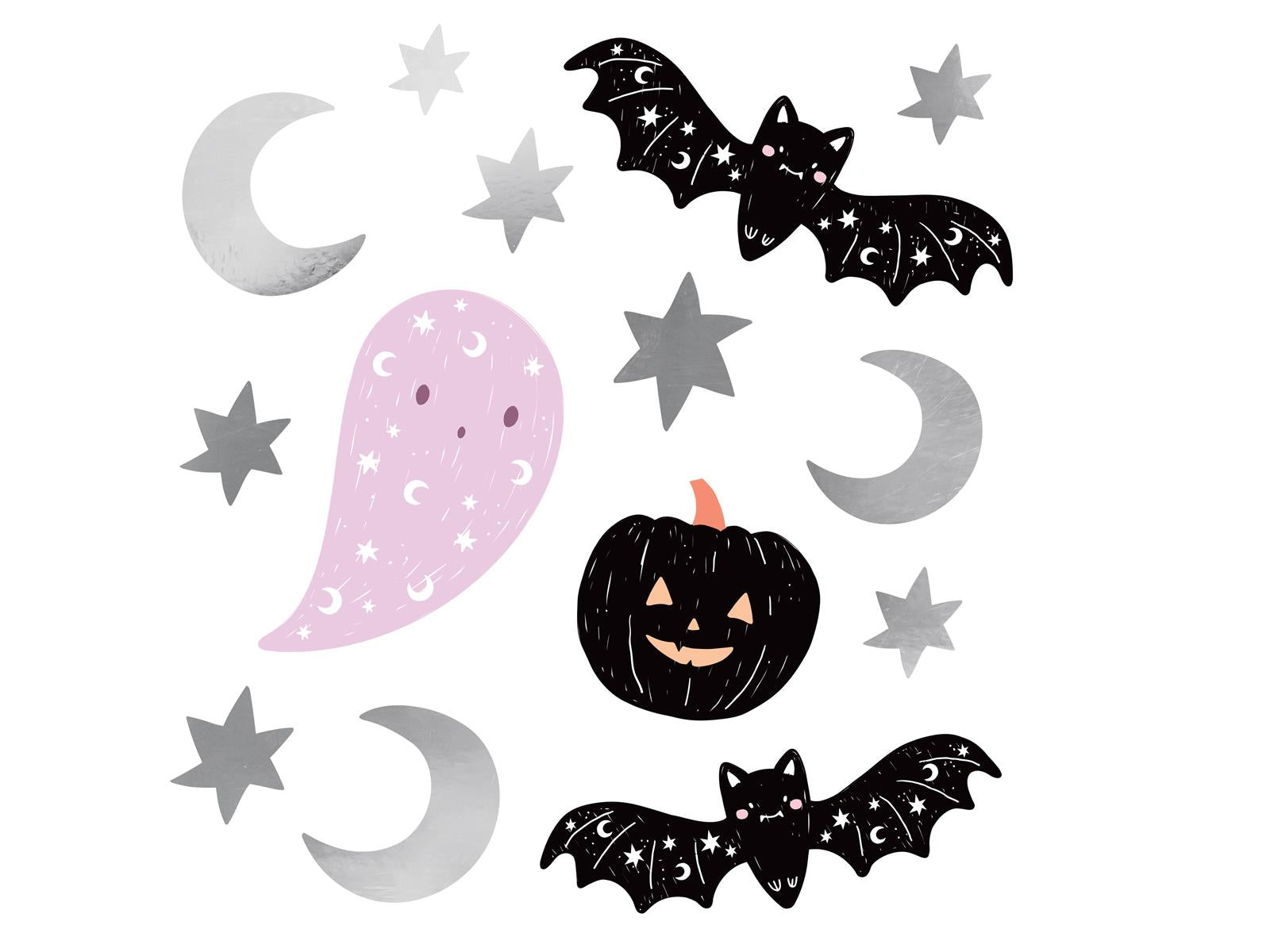 56x Wandaufkleber Halloween schwarz rosa silber