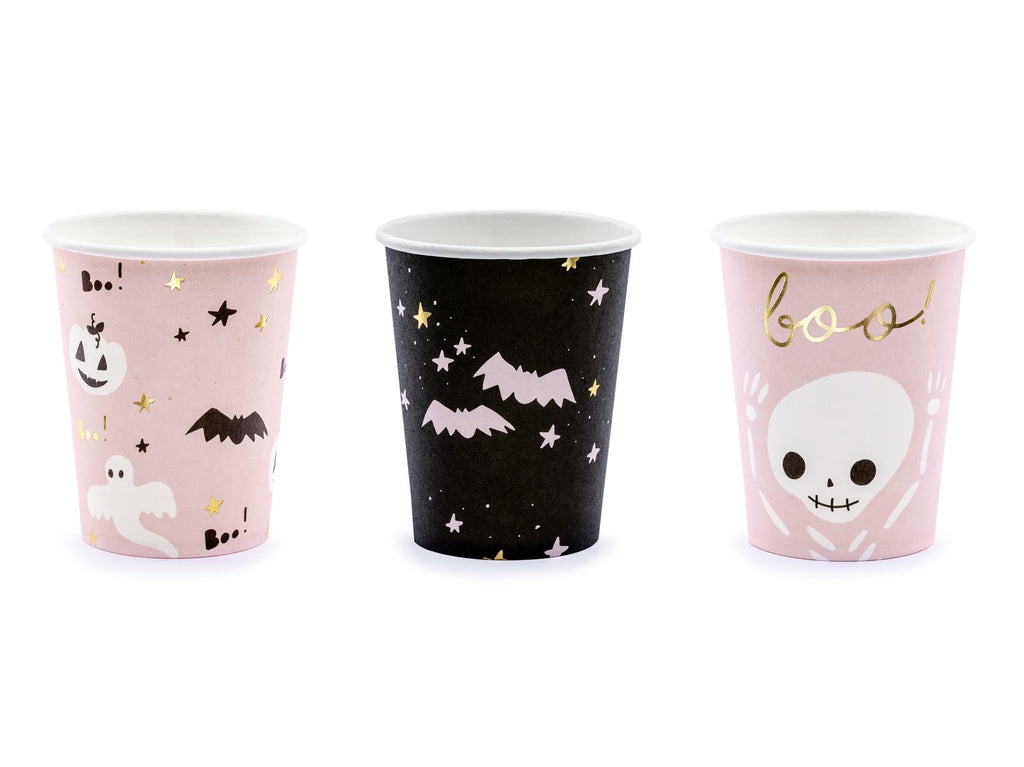 6x Papierbecher Halloween schwarz rosa 220ml