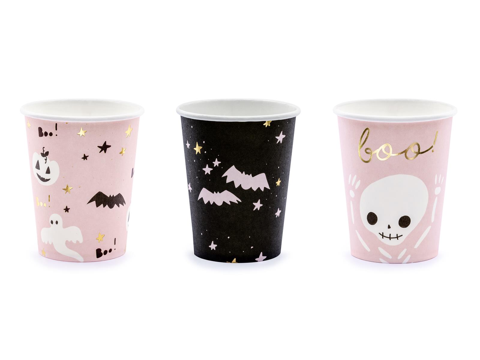 6x Papierbecher Halloween schwarz rosa 220ml
