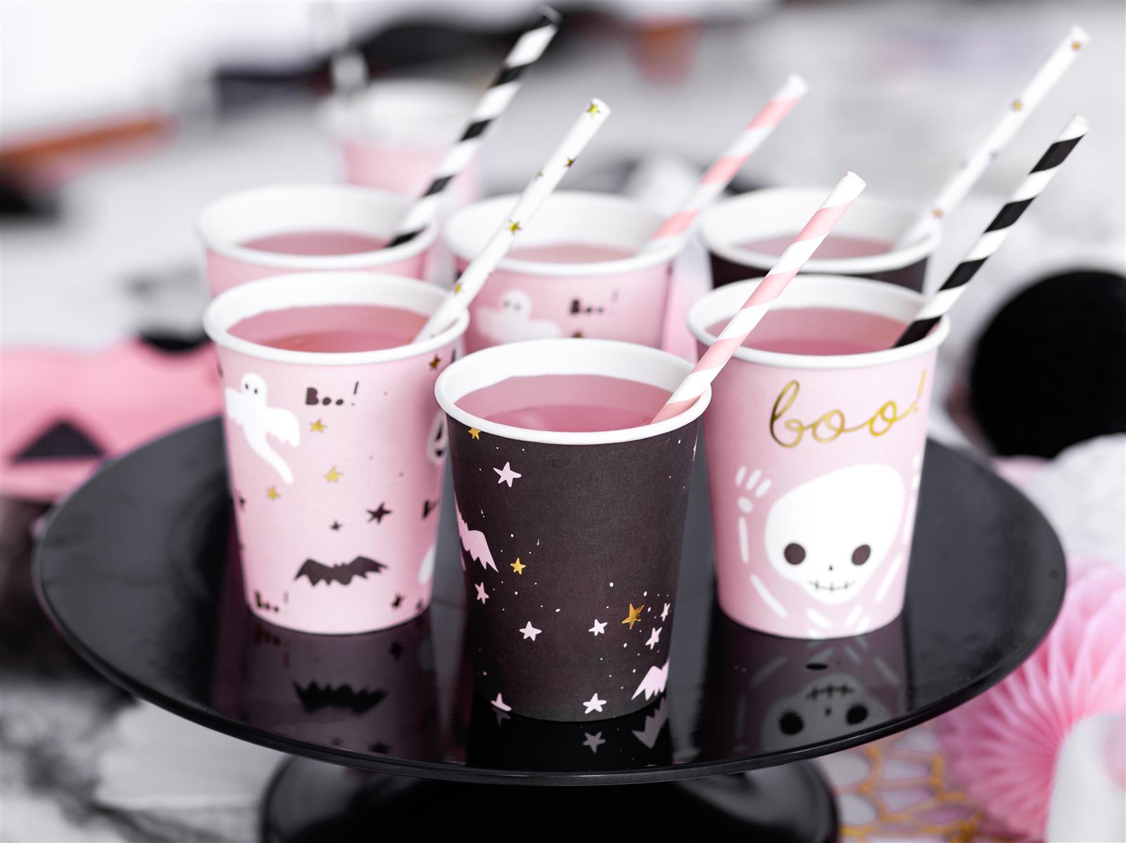 6x Papierbecher Halloween schwarz rosa 220ml