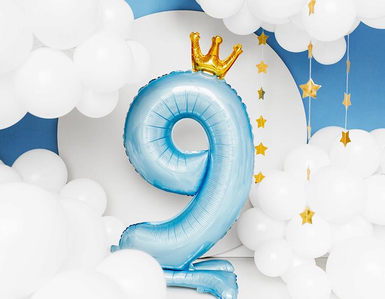 Folienballon Zahl 9 hellblau Krone mit Standfuß 84cm
