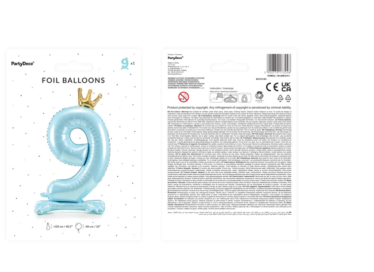 Folienballon Zahl 9 hellblau Krone mit Standfuß 84cm