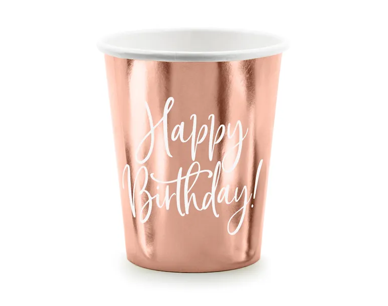 6x Papierbecher Happy Birthday rosegold 260ml