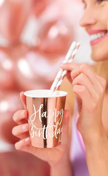 6x Papierbecher Happy Birthday rosegold 260ml