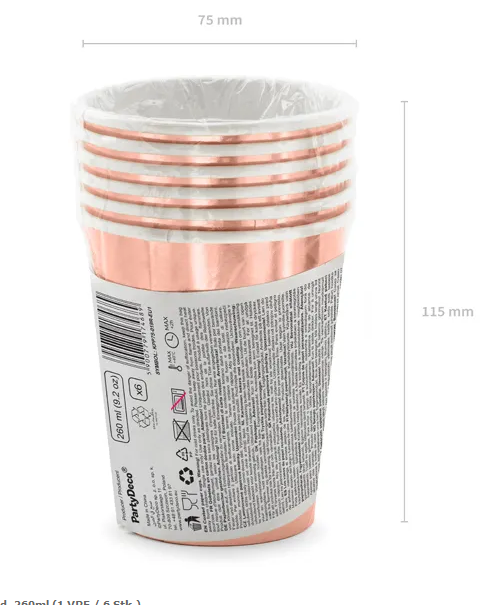6x Papierbecher Happy Birthday rosegold 260ml