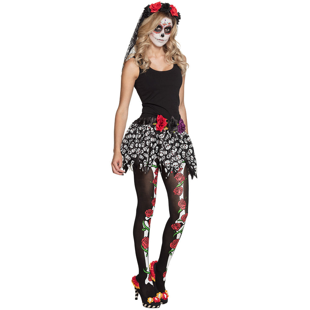 Damen Strumpfhose Skelett Rosen Unisize Totenkopf