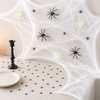 Halloween Spinnenparty Set – Spinnennetz, 12 Spinnen und schwarzes Konfetti