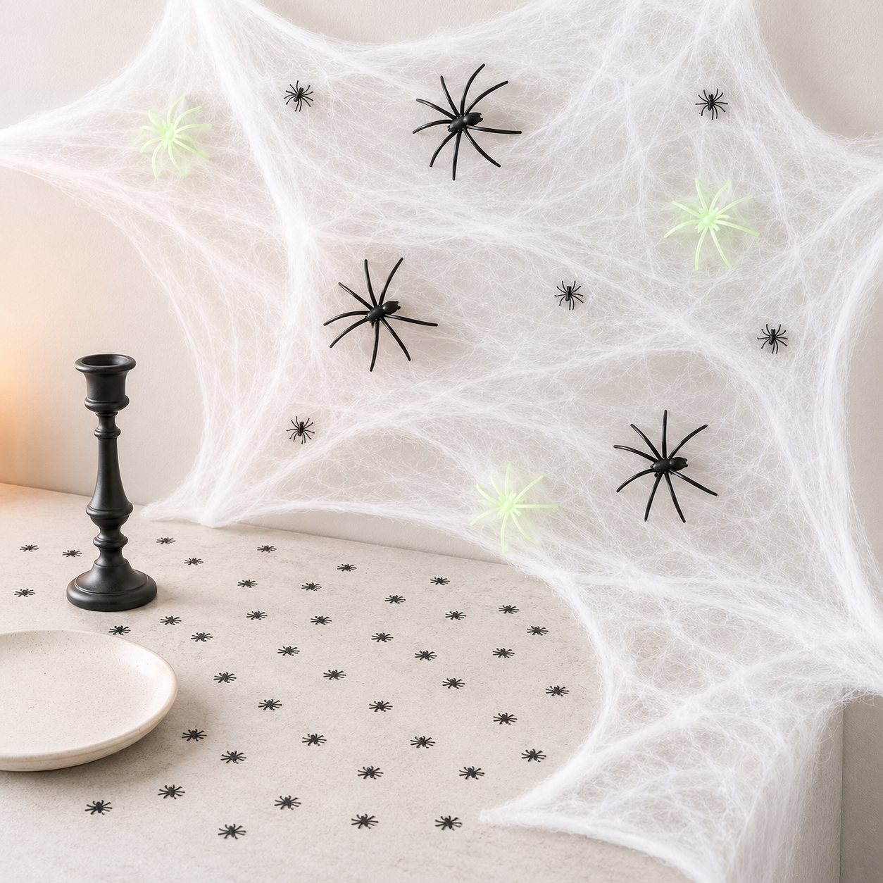 Halloween Spinnenparty Set – Spinnennetz, 12 Spinnen und schwarzes Konfetti