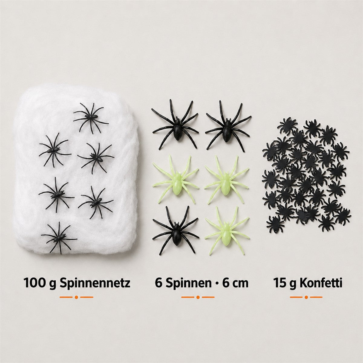 Halloween Spinnenparty Set – Spinnennetz, 12 Spinnen und schwarzes Konfetti