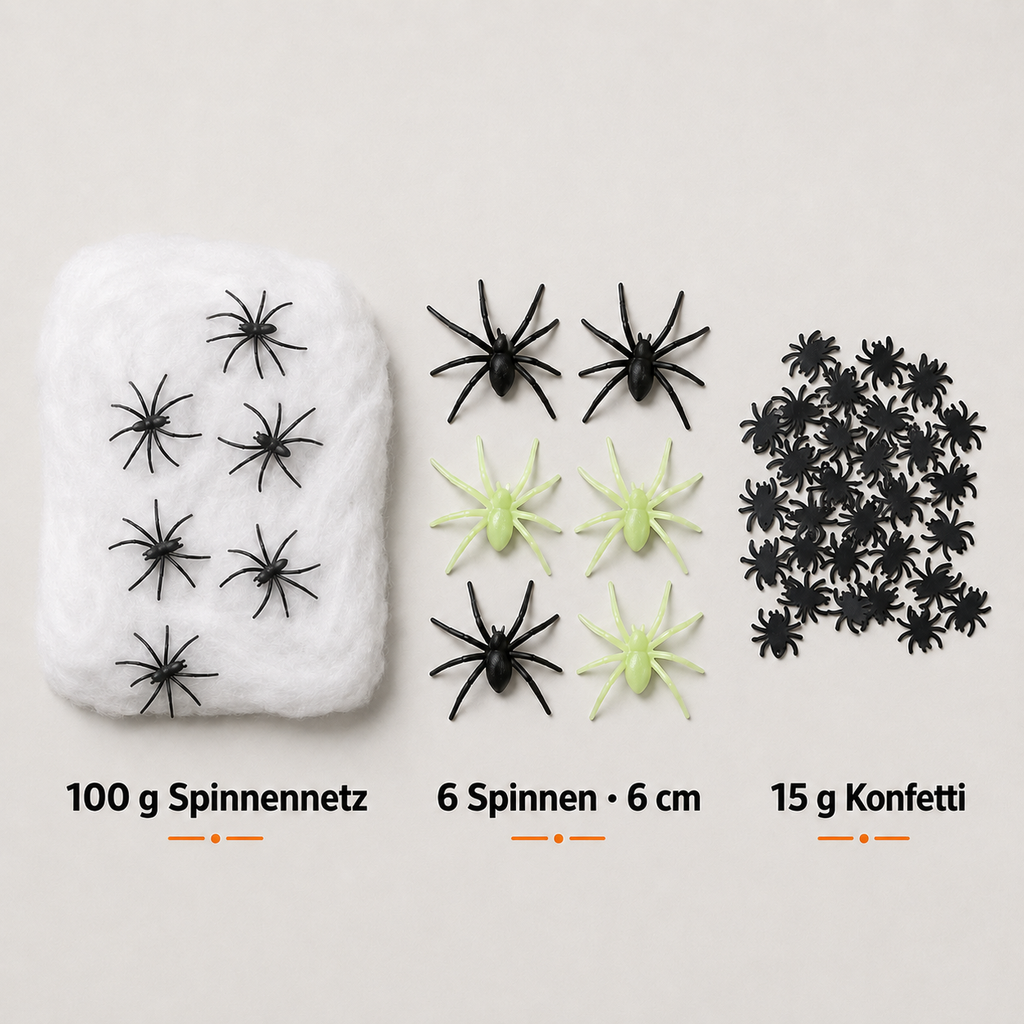 Halloween Spinnenparty Set – Spinnennetz, 12 Spinnen und schwarzes Konfetti