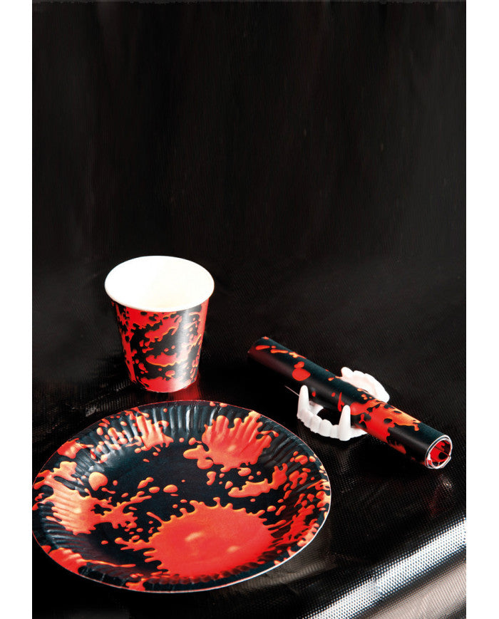 Tischset 6x Teller, Becher, Servietten, Tischtuch Blut