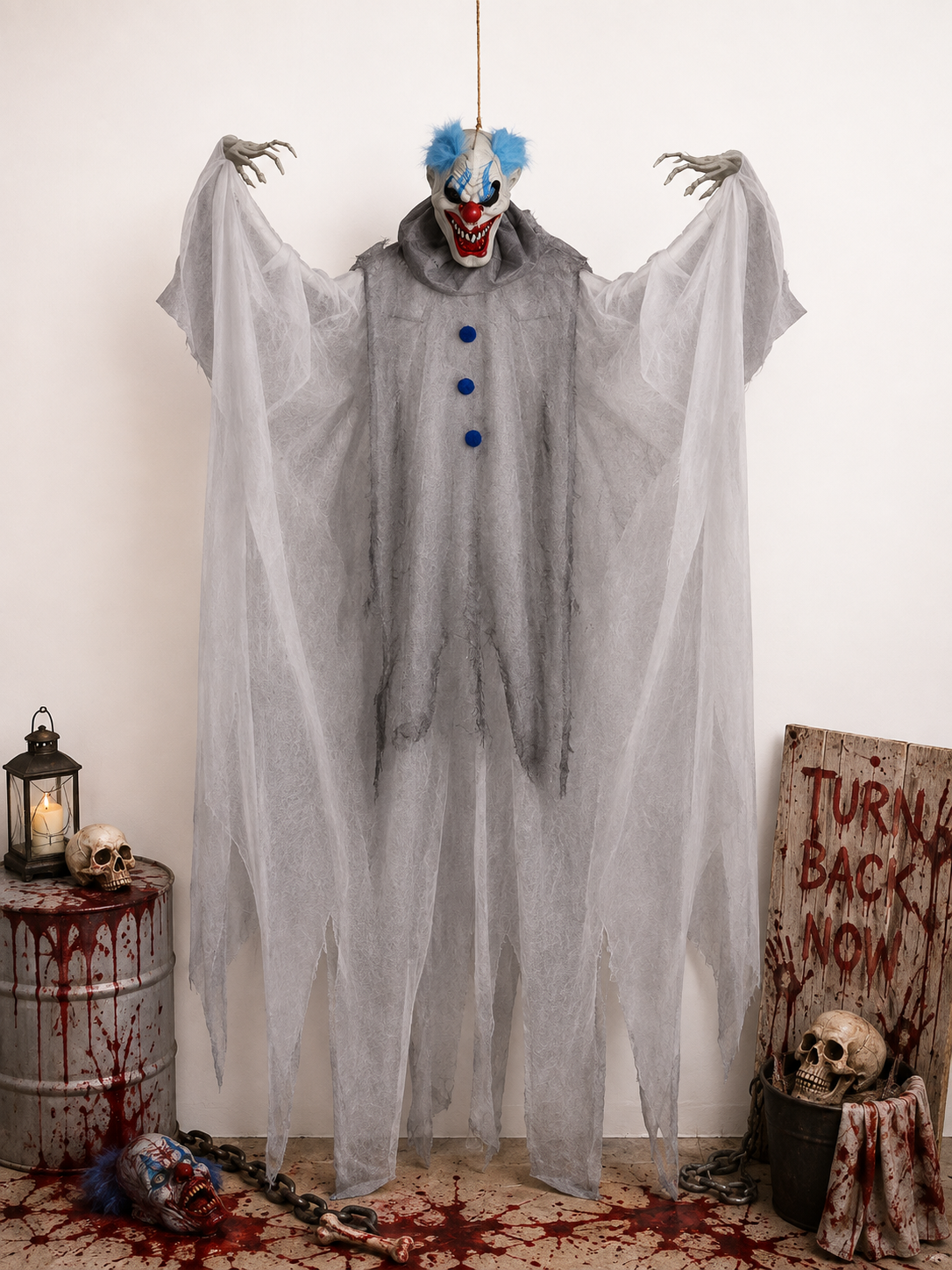 Horrorclown mit blauen Haaren zum Aufhängen – 180 cm