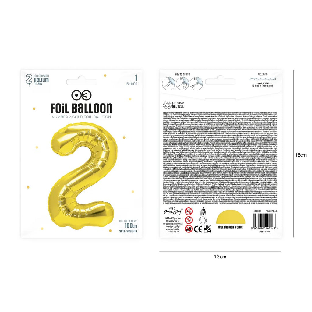 Folienballon Zahl Nr. 2 gold 86cm