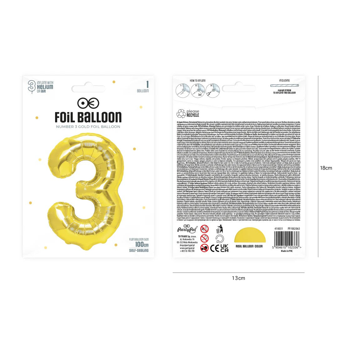 Folienballon Zahl Nr. 3 gold 86cm