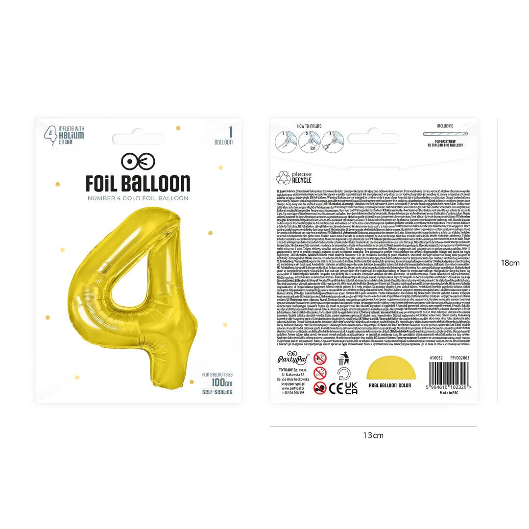 Folienballon Zahl Nr. 4 gold 86cm