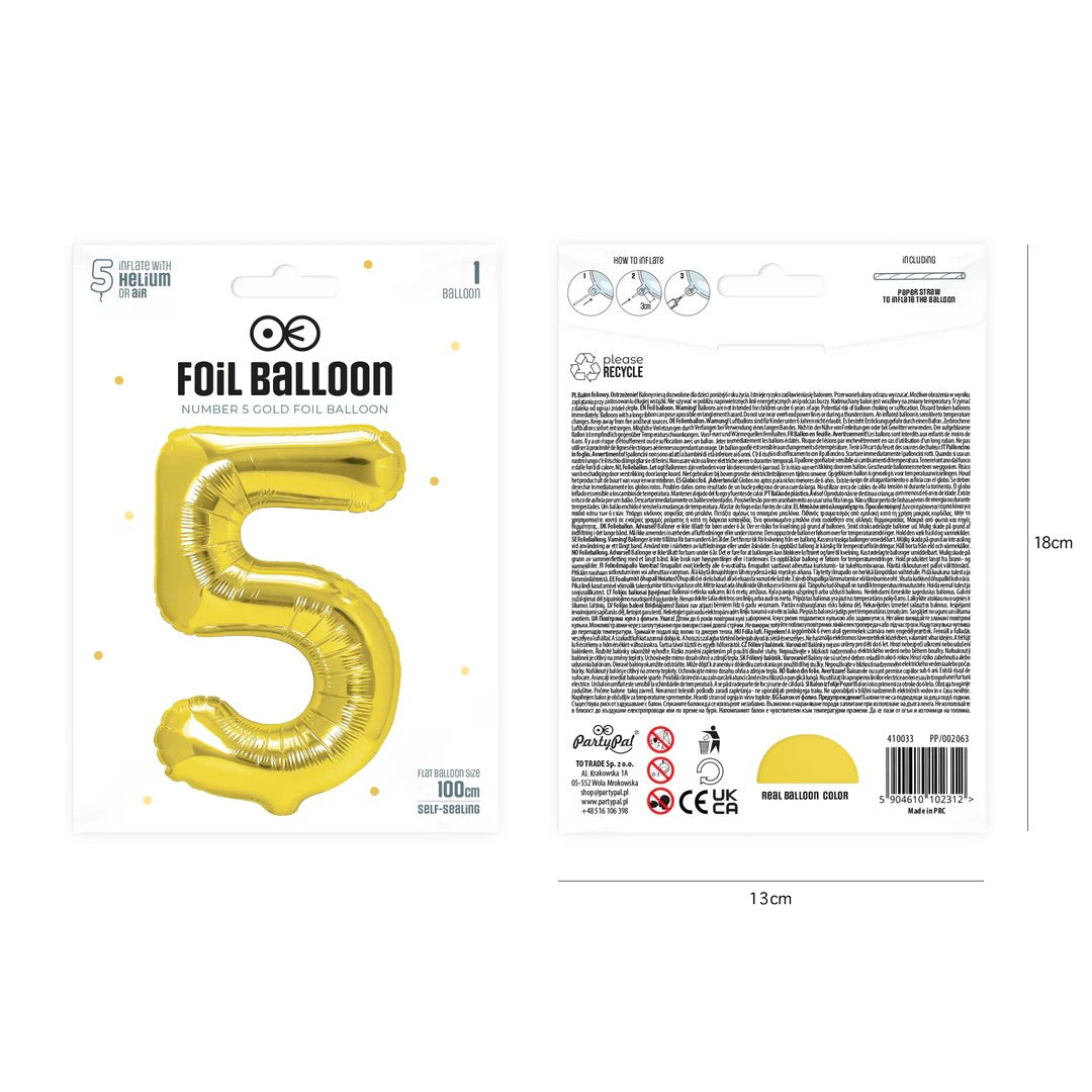 Folienballon Zahl Nr. 5 gold 86cm