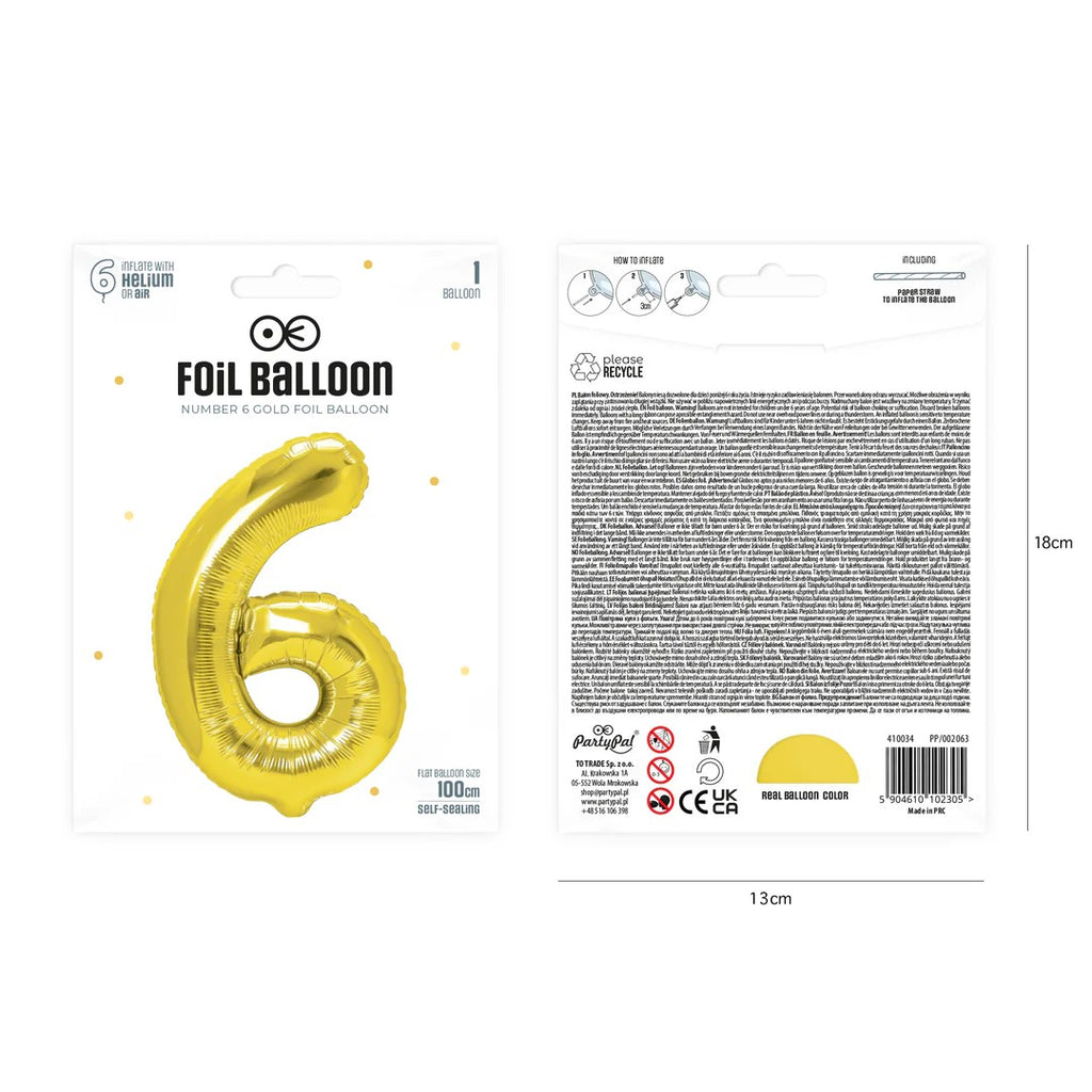 Folienballon Zahl Nr. 6 gold 86cm