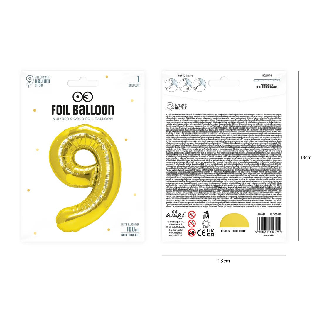 Folienballon Zahl Nr. 9 gold 86cm