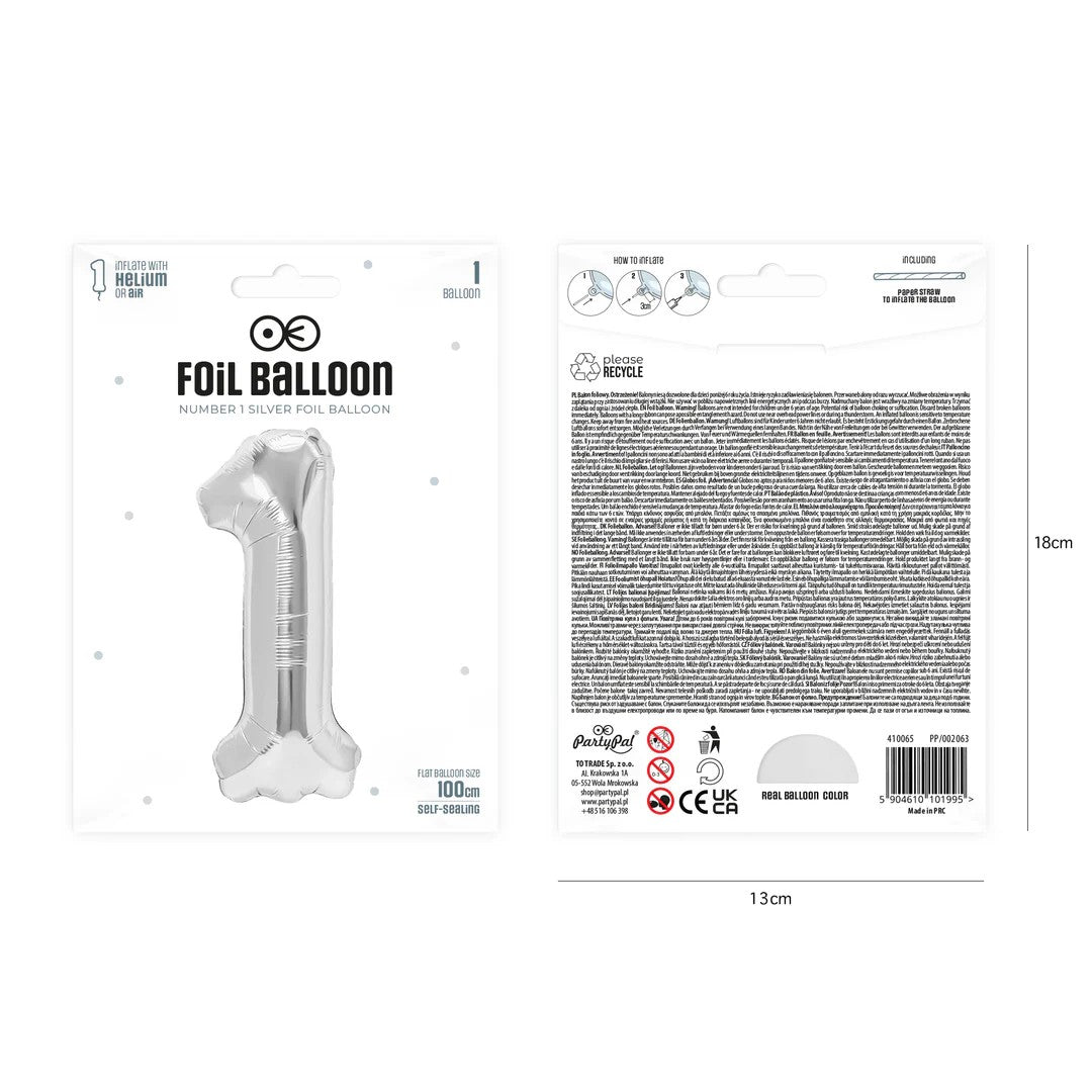 Folienballon Zahl Nr. 1 silber 86cm