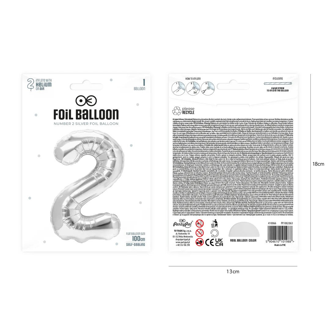 Folienballon Zahl Nr. 2 silber 86cm