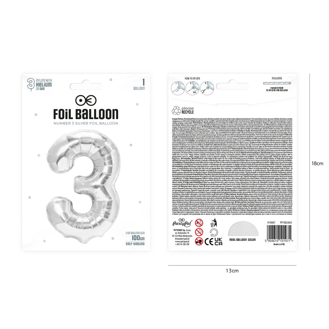 Folienballon Zahl Nr. 3 silber 86cm
