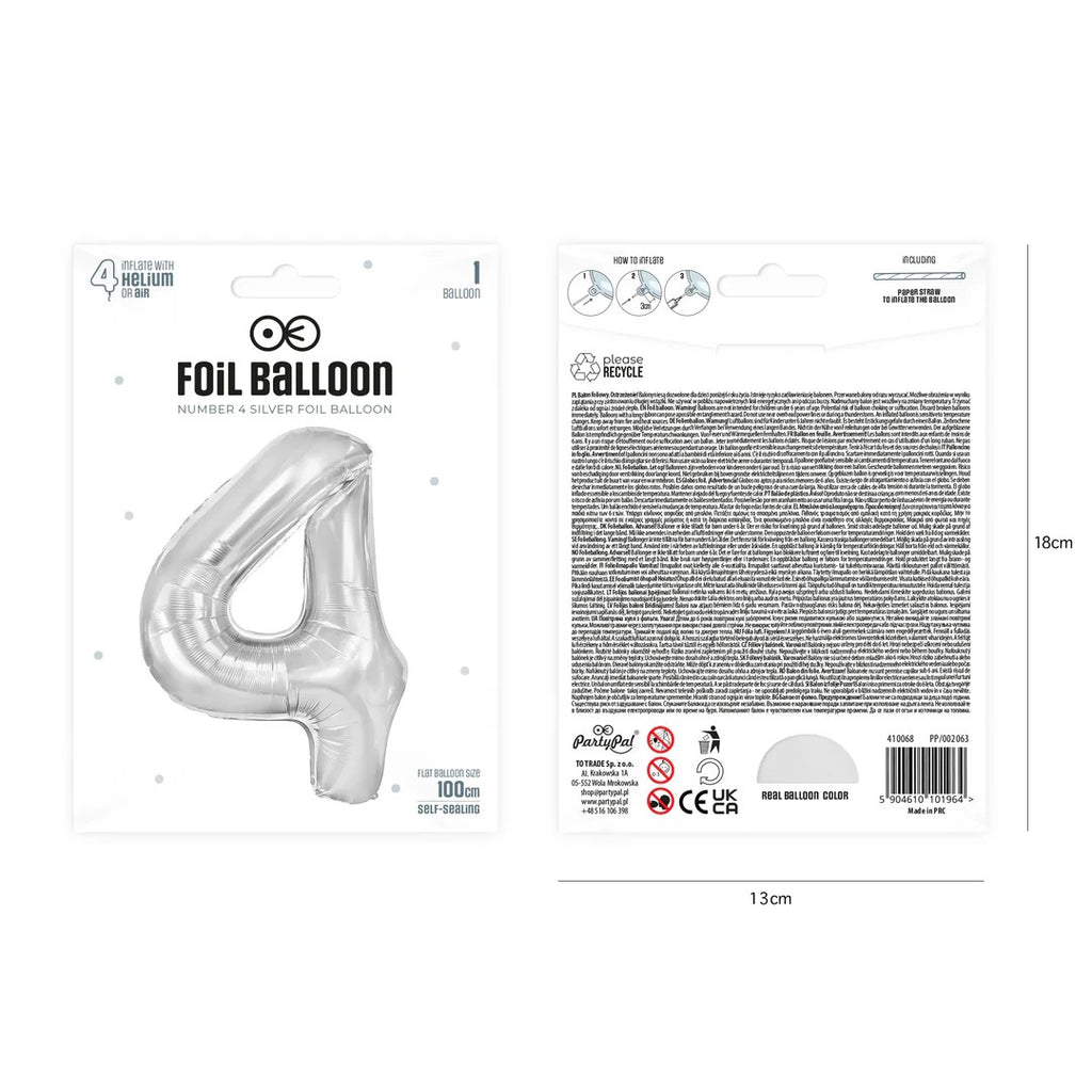 Folienballon Zahl Nr. 4 silber 86cm
