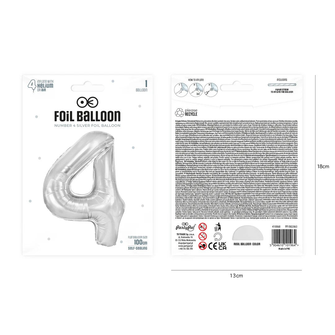 Folienballon Zahl Nr. 4 silber 86cm