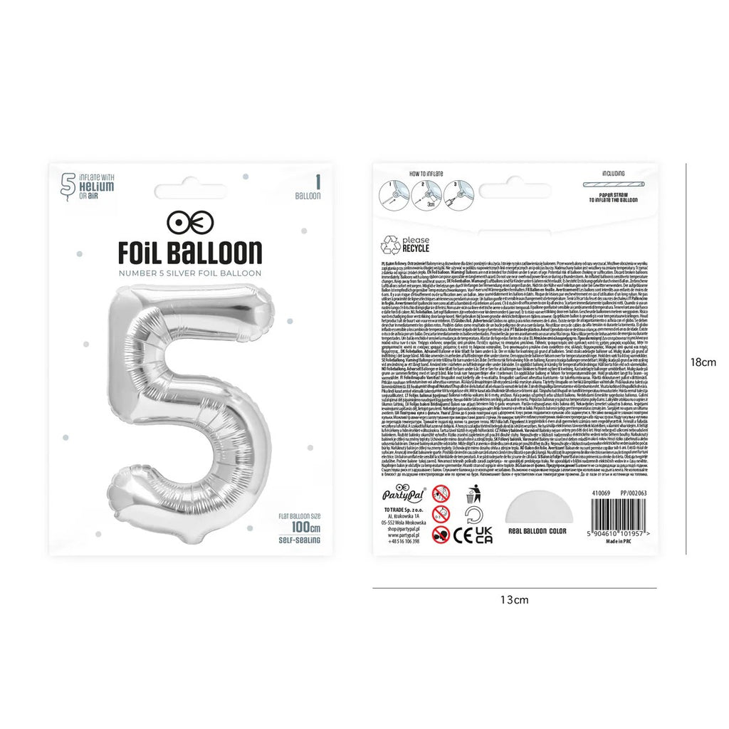 Folienballon Zahl Nr. 5 silber 86cm