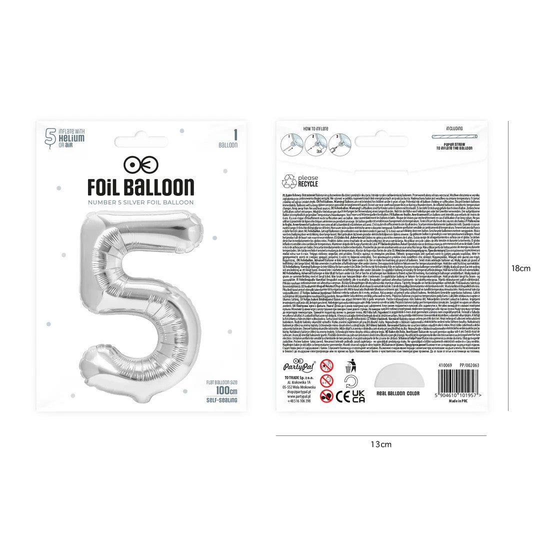 Folienballon Zahl Nr. 5 silber 86cm