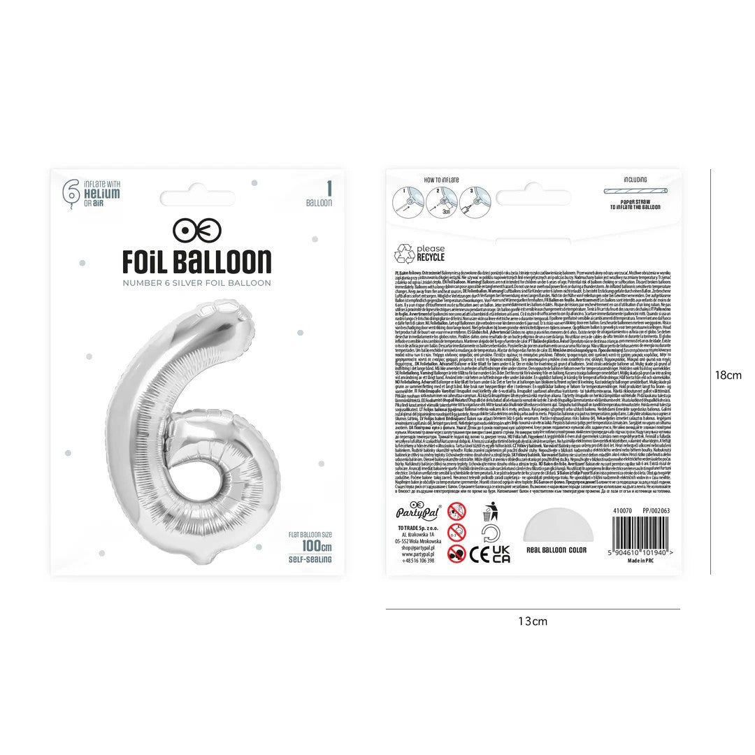 Folienballon Zahl Nr. 6 silber 86cm